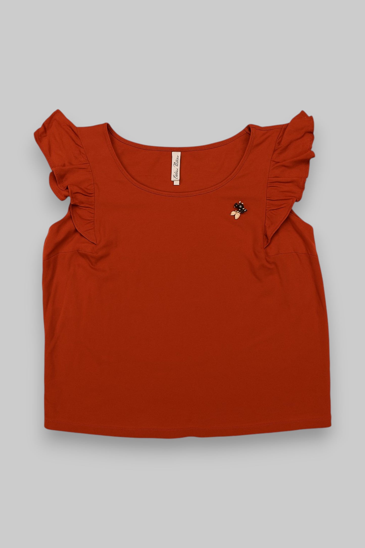 Mille Bornes Rust-Red Flutter Sleeve Blouse – Size XL Feminine Charm. Everyday Versatility.