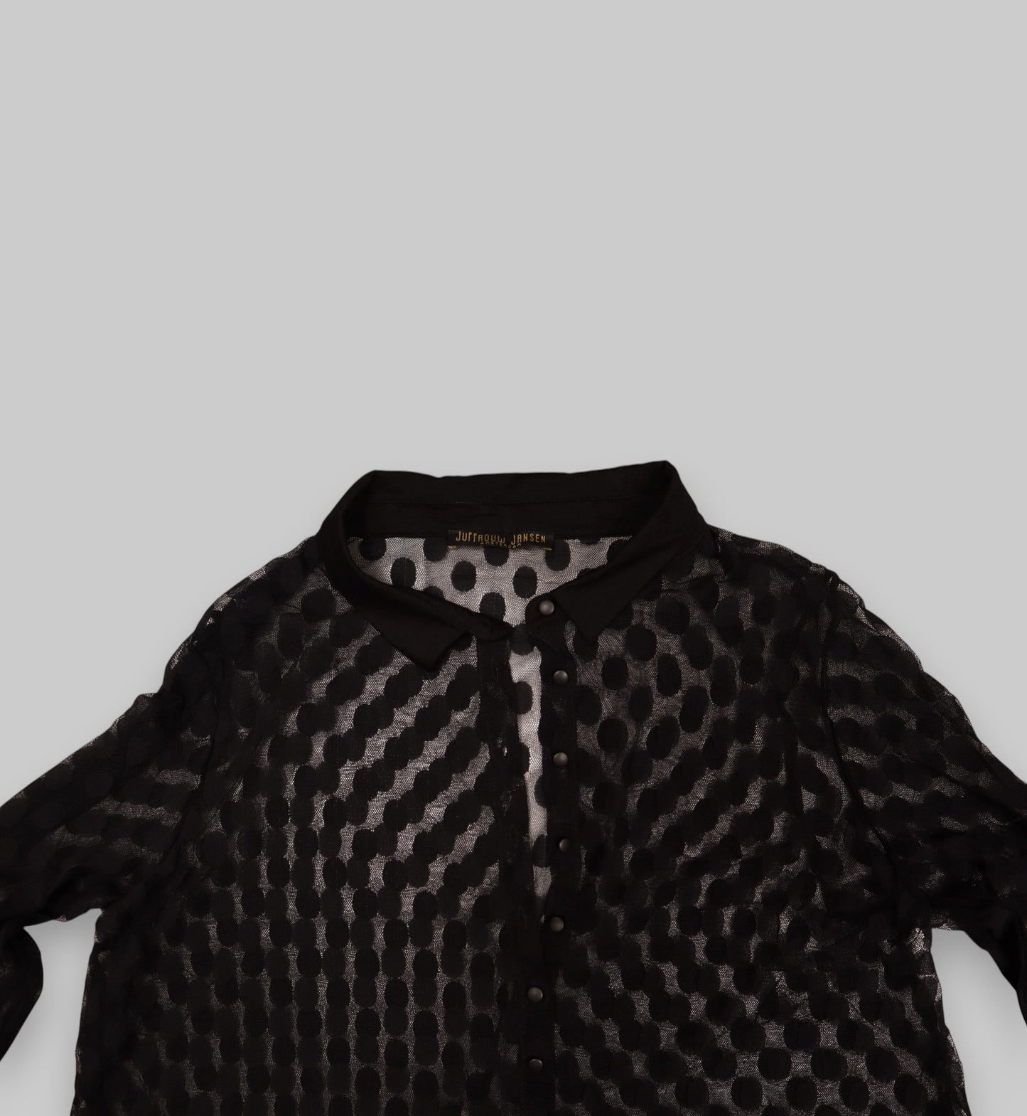 JUNGHWAN JANSEN Sheer Black Mesh Cardigan with Oval Polka Dot Design