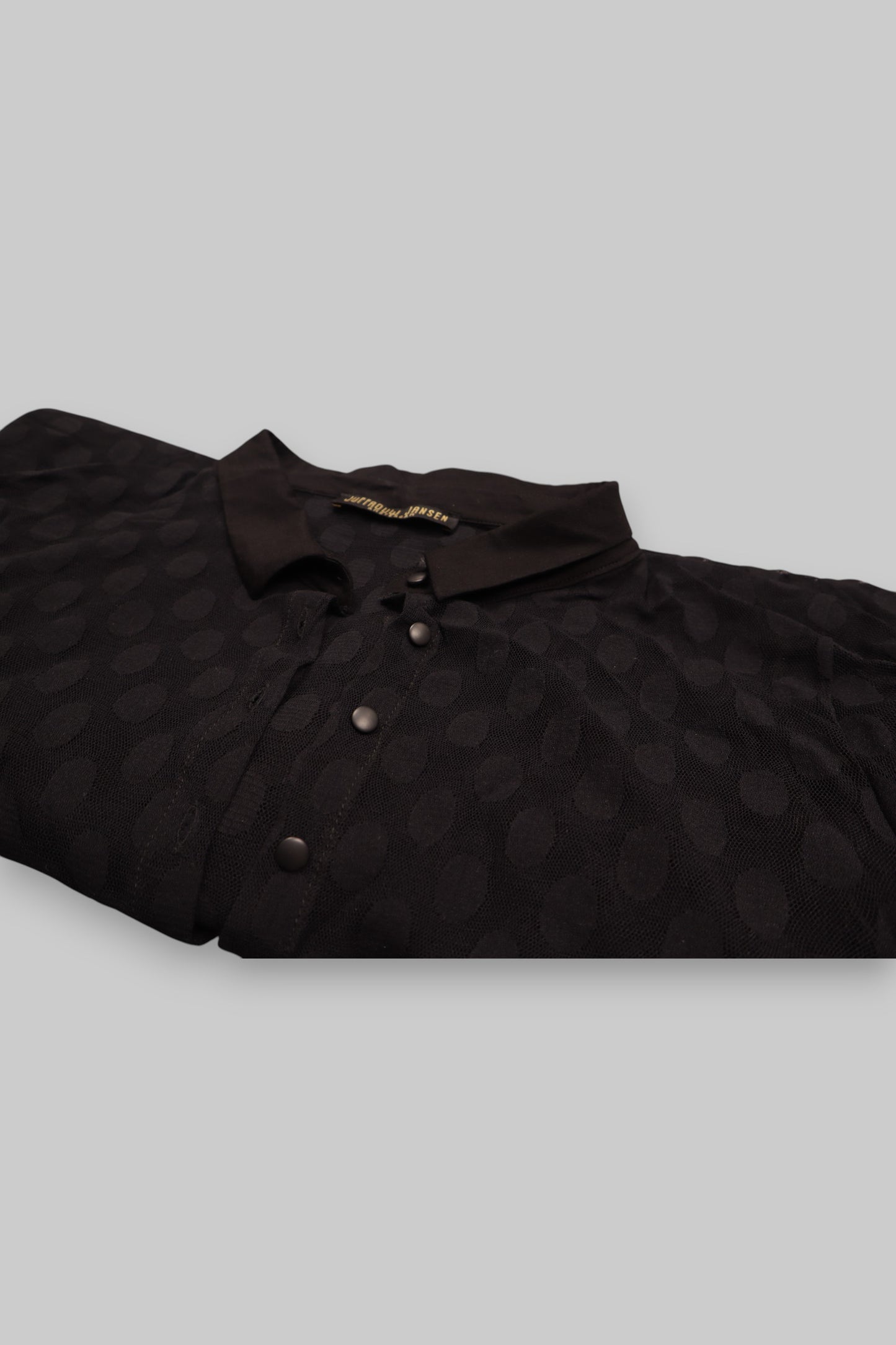 JUNGHWAN JANSEN Sheer Black Mesh Cardigan with Oval Polka Dot Design