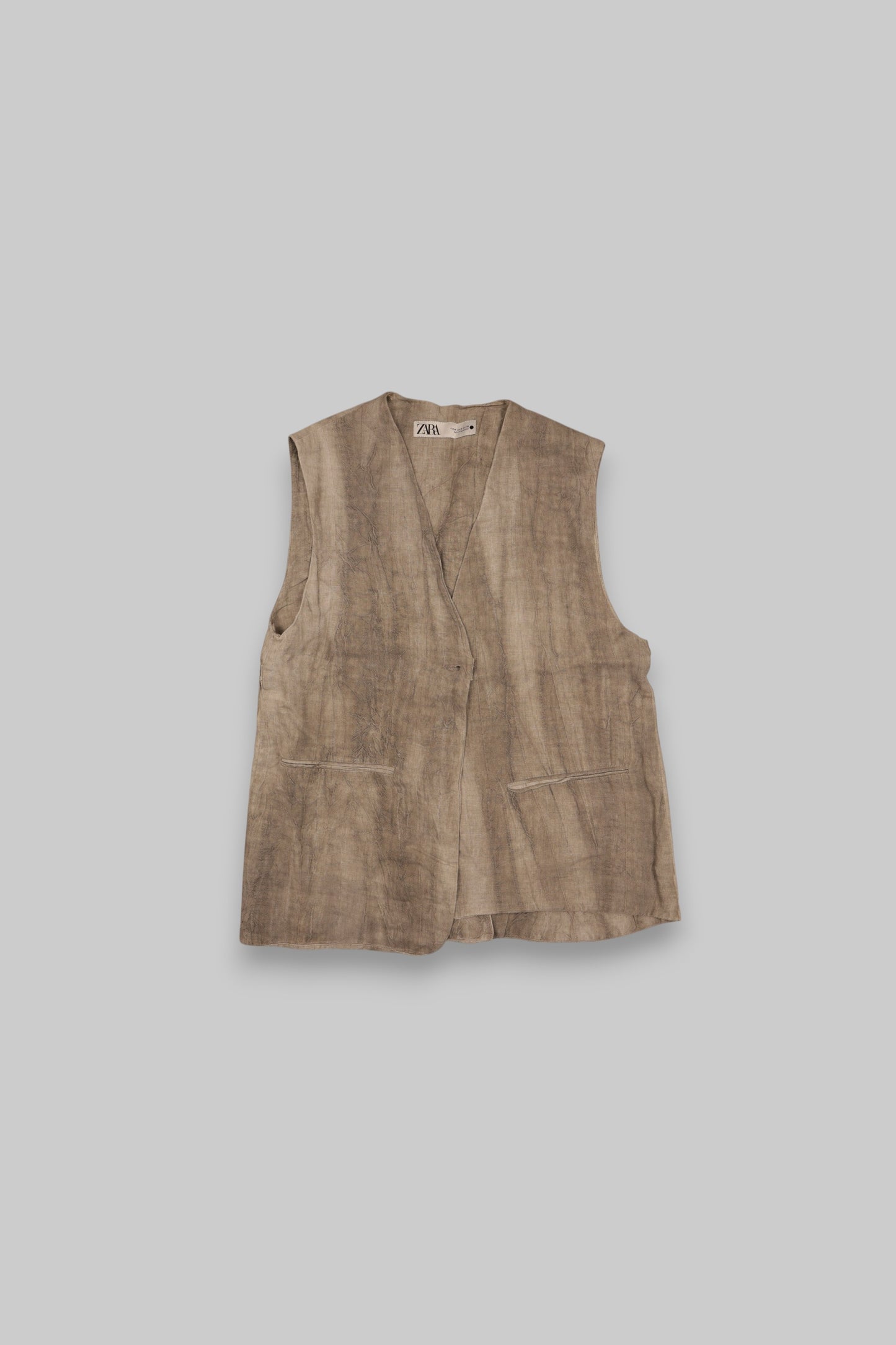 Zara Men’s 100% Linen Sleeveless Vest – Taupe Brown (Size M)