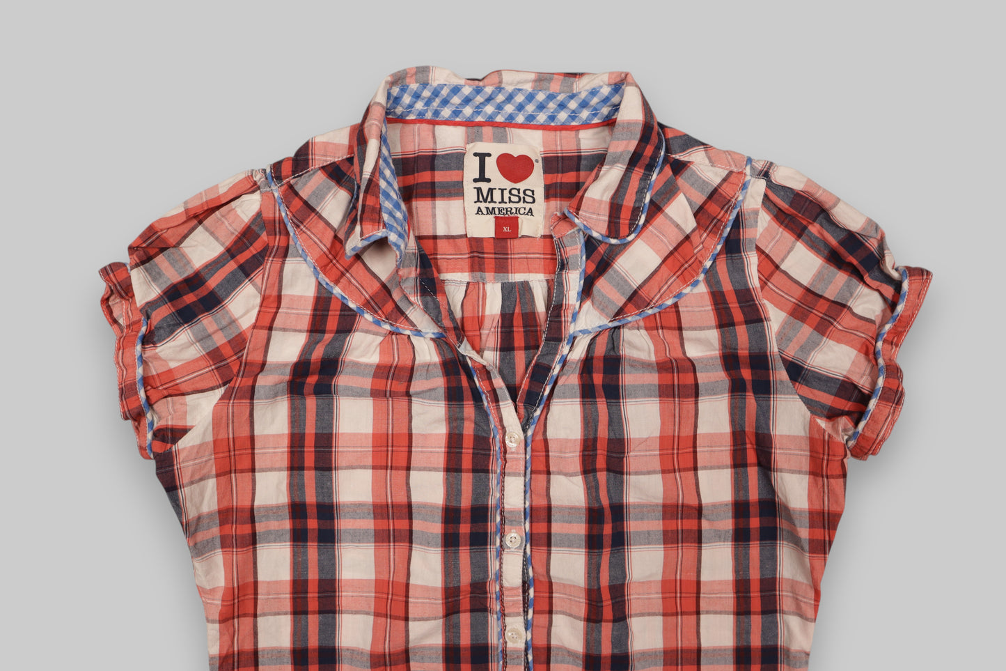 Miss America Women’s Short-Sleeve Plaid Blouse – Red/Navy/Off-White, Size XL