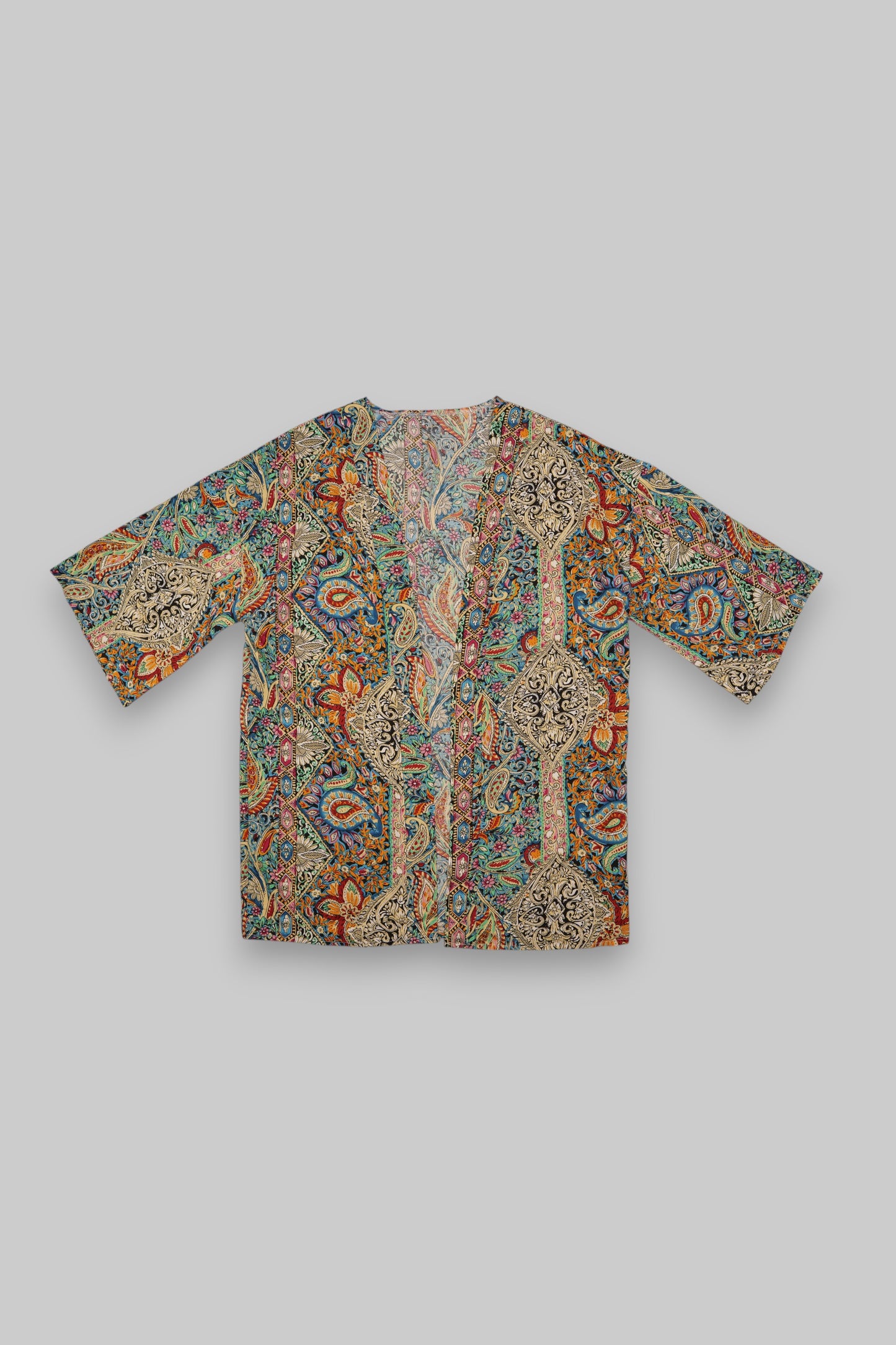 Unisex Open-Front Kimono Jacket – Multicolor Paisley Print, Size L