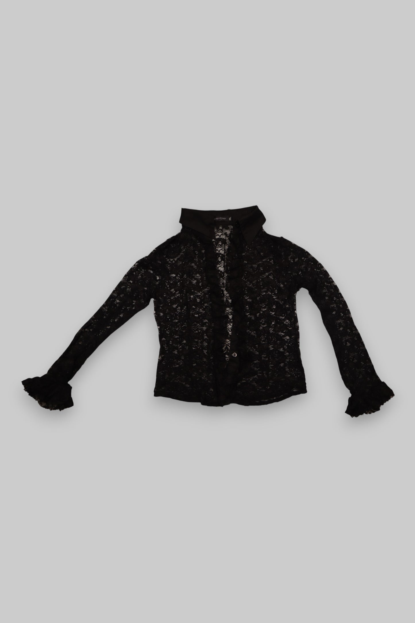 Guenbier Sheer Black Lace Blouse with Ruffled Front – Size XXL