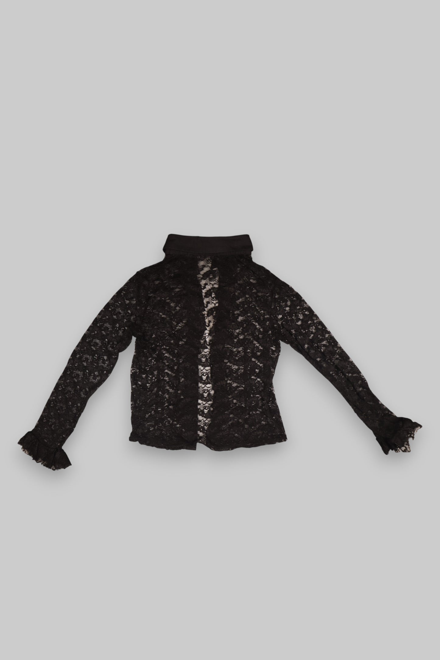 Guenbier Sheer Black Lace Blouse with Ruffled Front – Size XXL