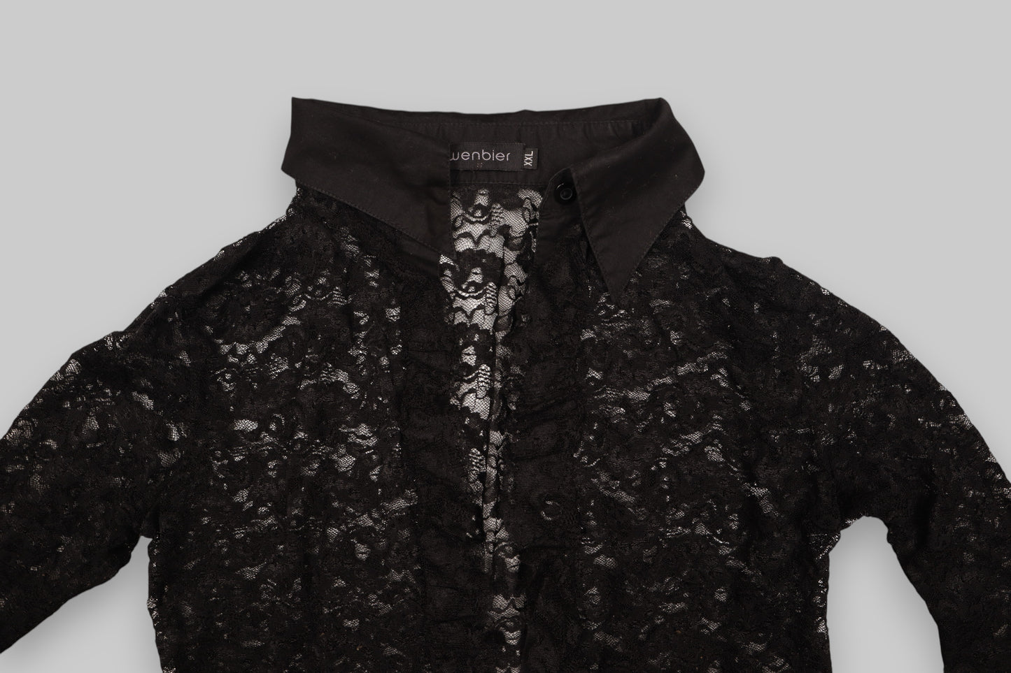 Guenbier Sheer Black Lace Blouse with Ruffled Front – Size XXL