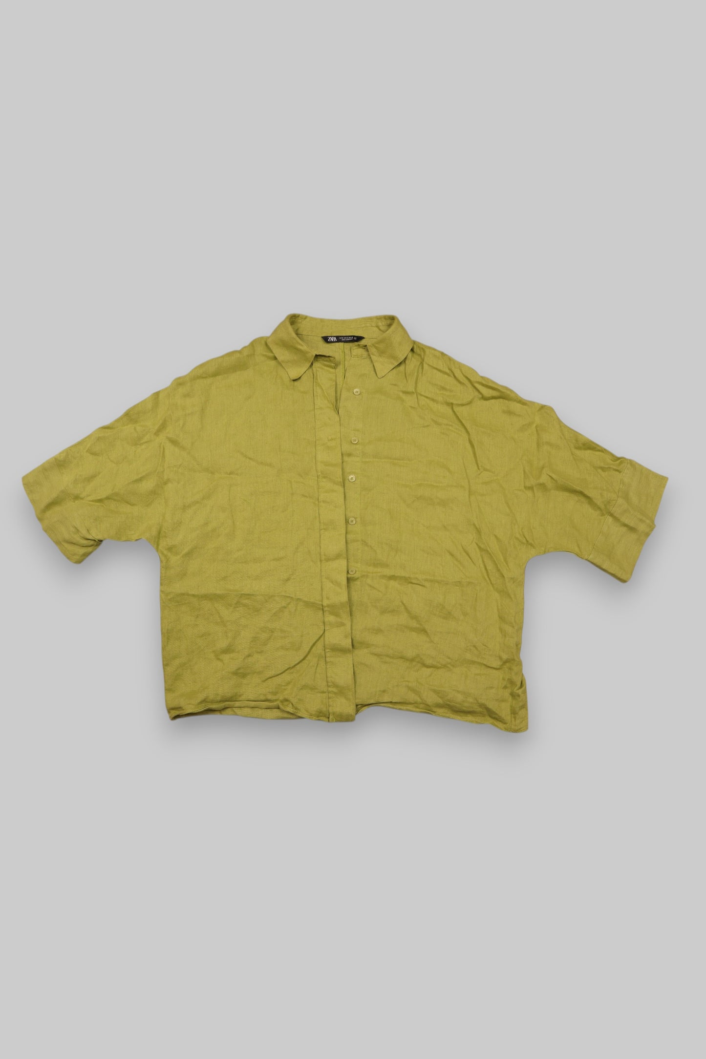 ZARA Olive Green Linen Short-Sleeve Relaxed-Fit Button-Down Shirt – Size M