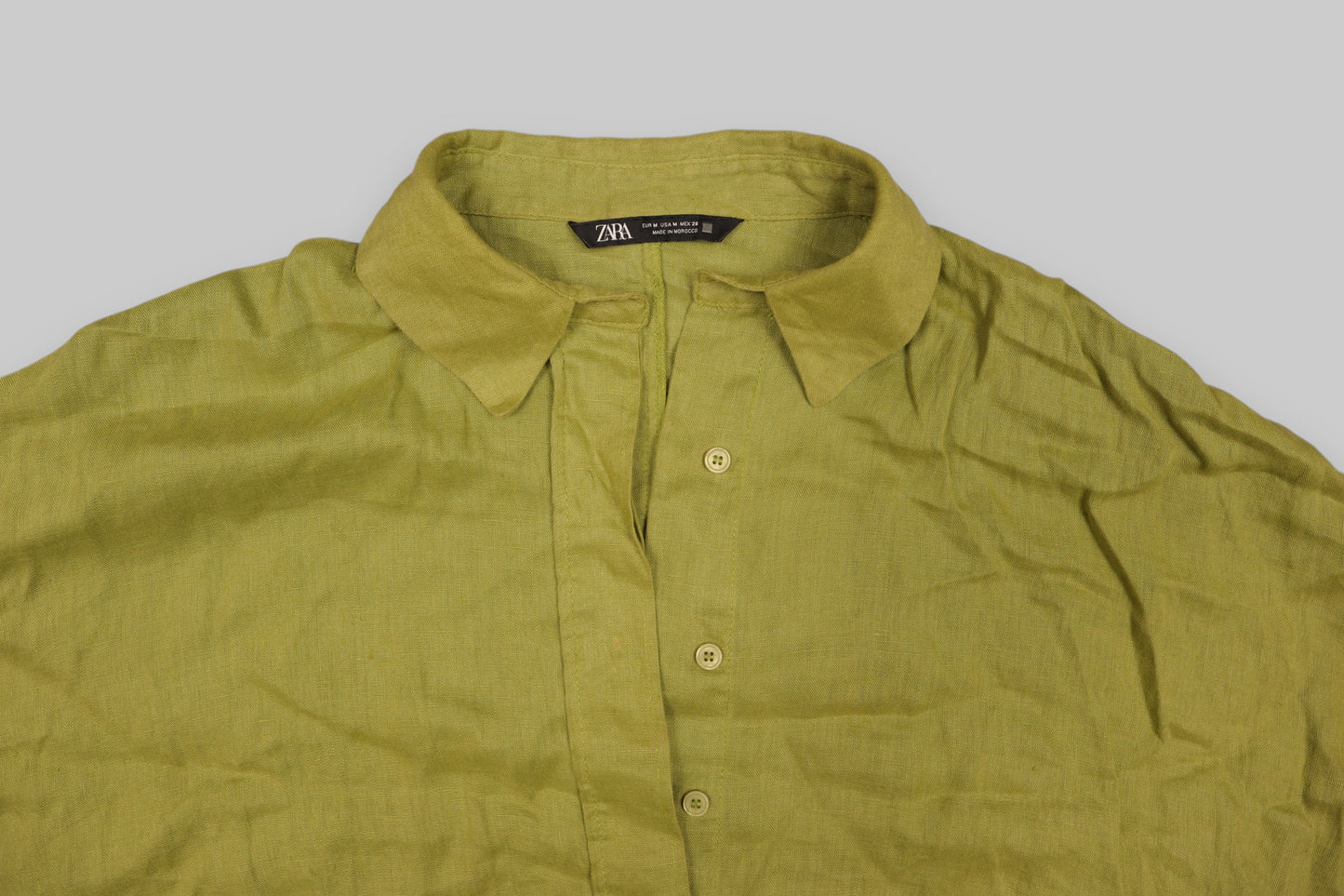 ZARA Olive Green Linen Short-Sleeve Relaxed-Fit Button-Down Shirt – Size M