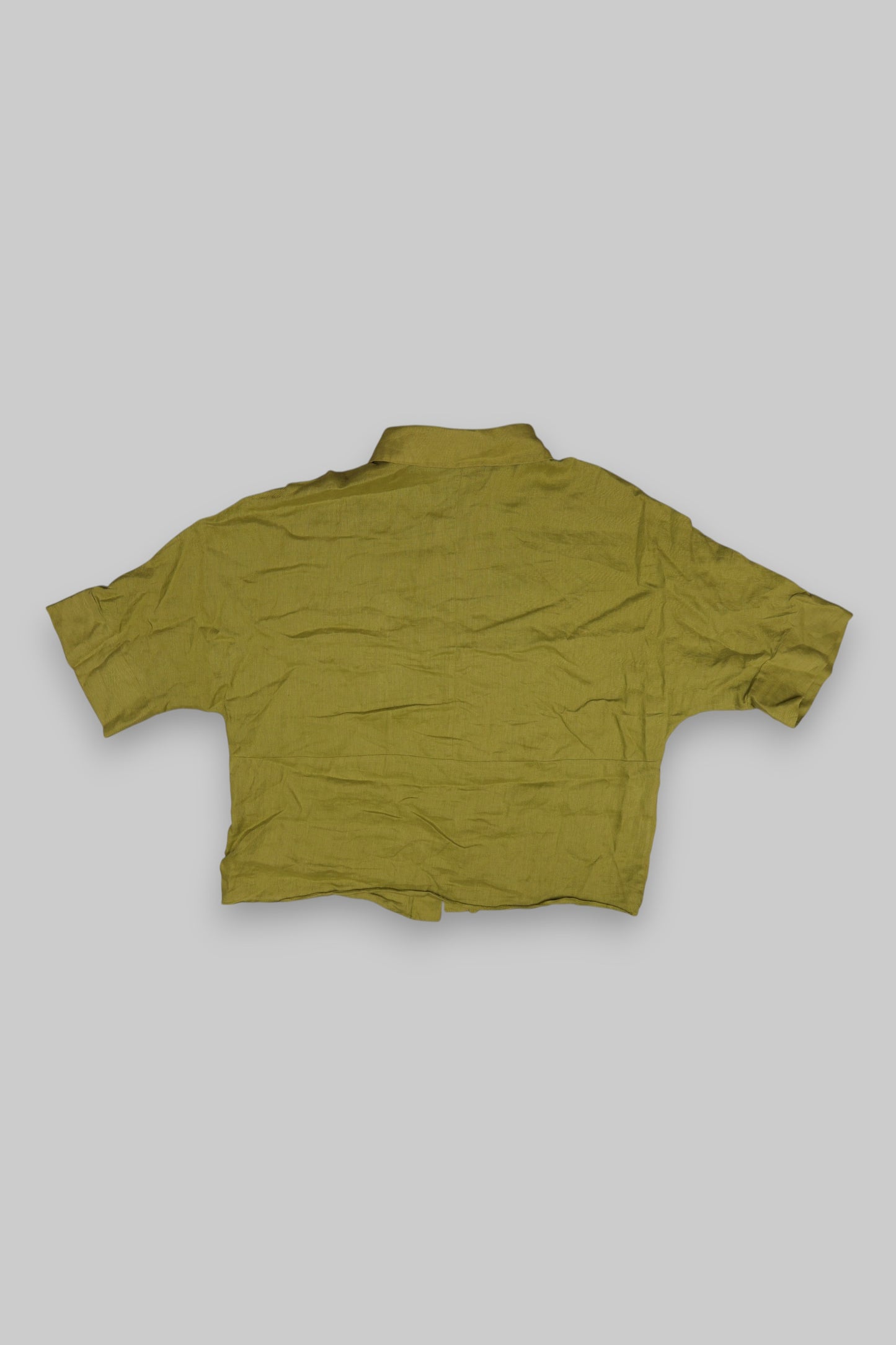 ZARA Olive Green Linen Short-Sleeve Relaxed-Fit Button-Down Shirt – Size M