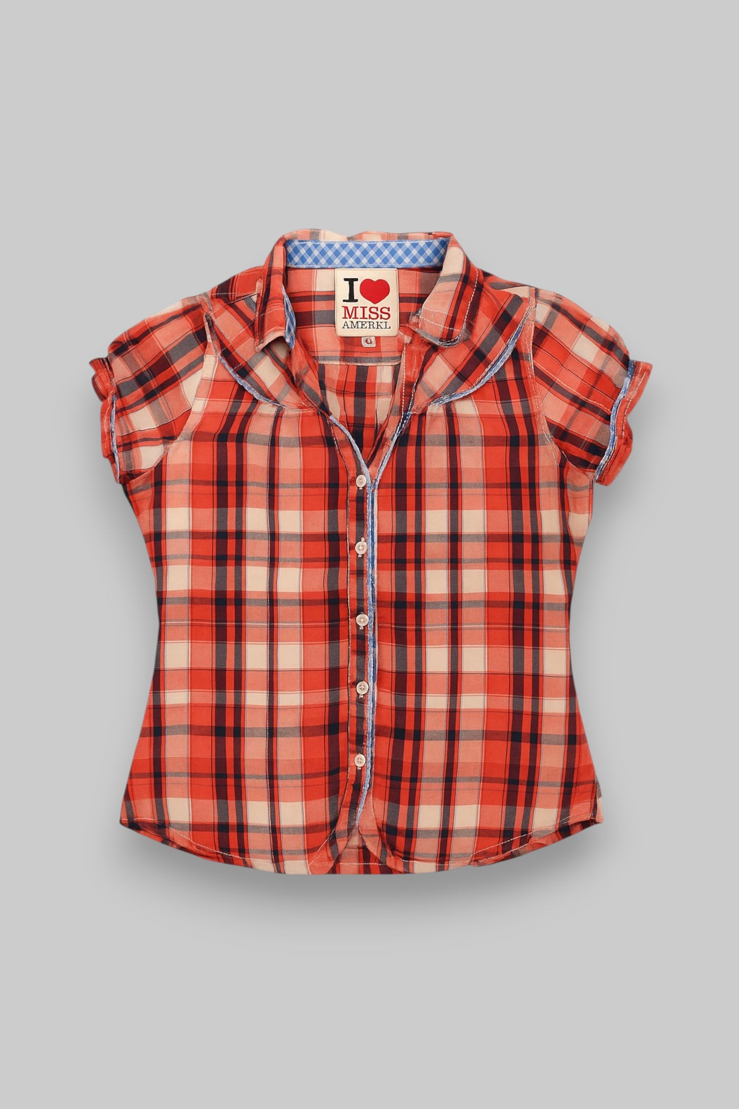 Miss America Women’s Short-Sleeve Plaid Blouse – Red/Navy/Off-White, Size XL