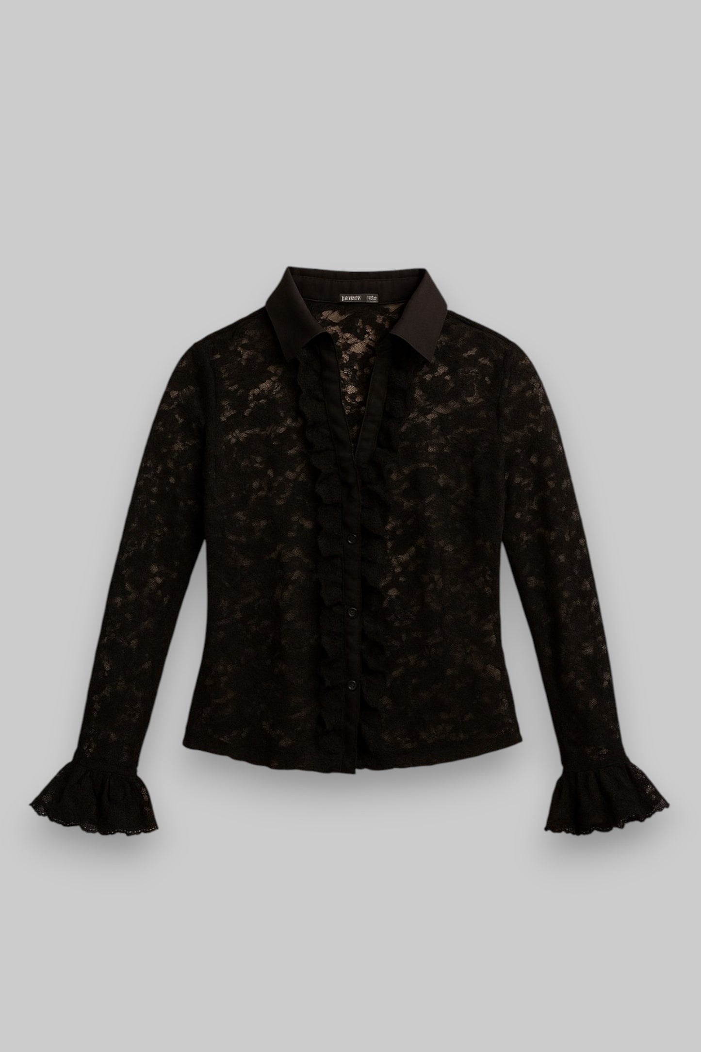 Guenbier Sheer Black Lace Blouse with Ruffled Front – Size XXL