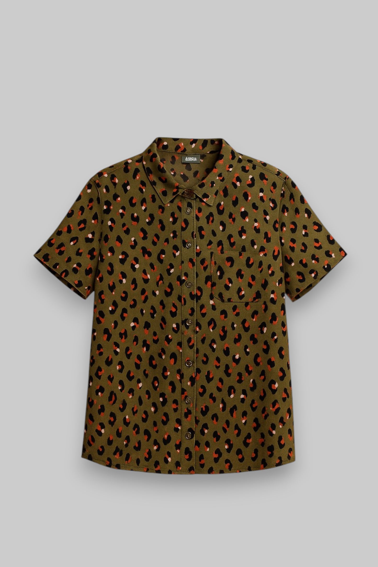 HEMA Olive Green Short-Sleeve Leopard Print Button-Up Shirt – Size XL