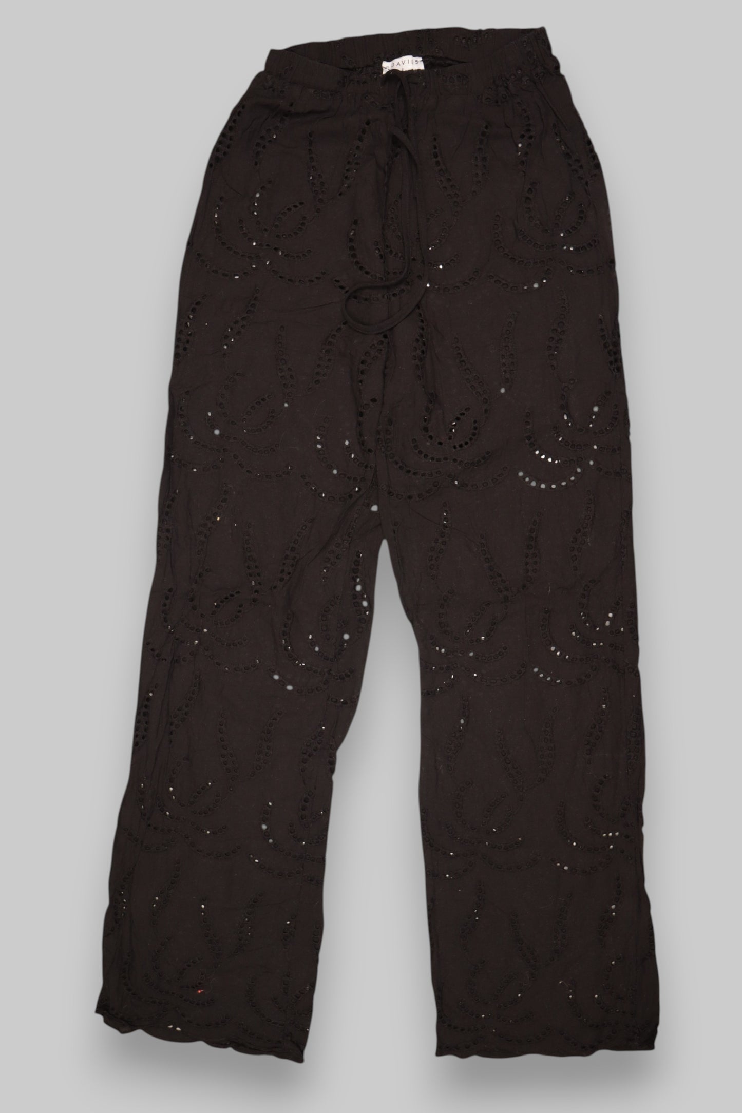 LOAVIES Black Cotton Eyelet Trousers – Wide-Leg Style (Size S)