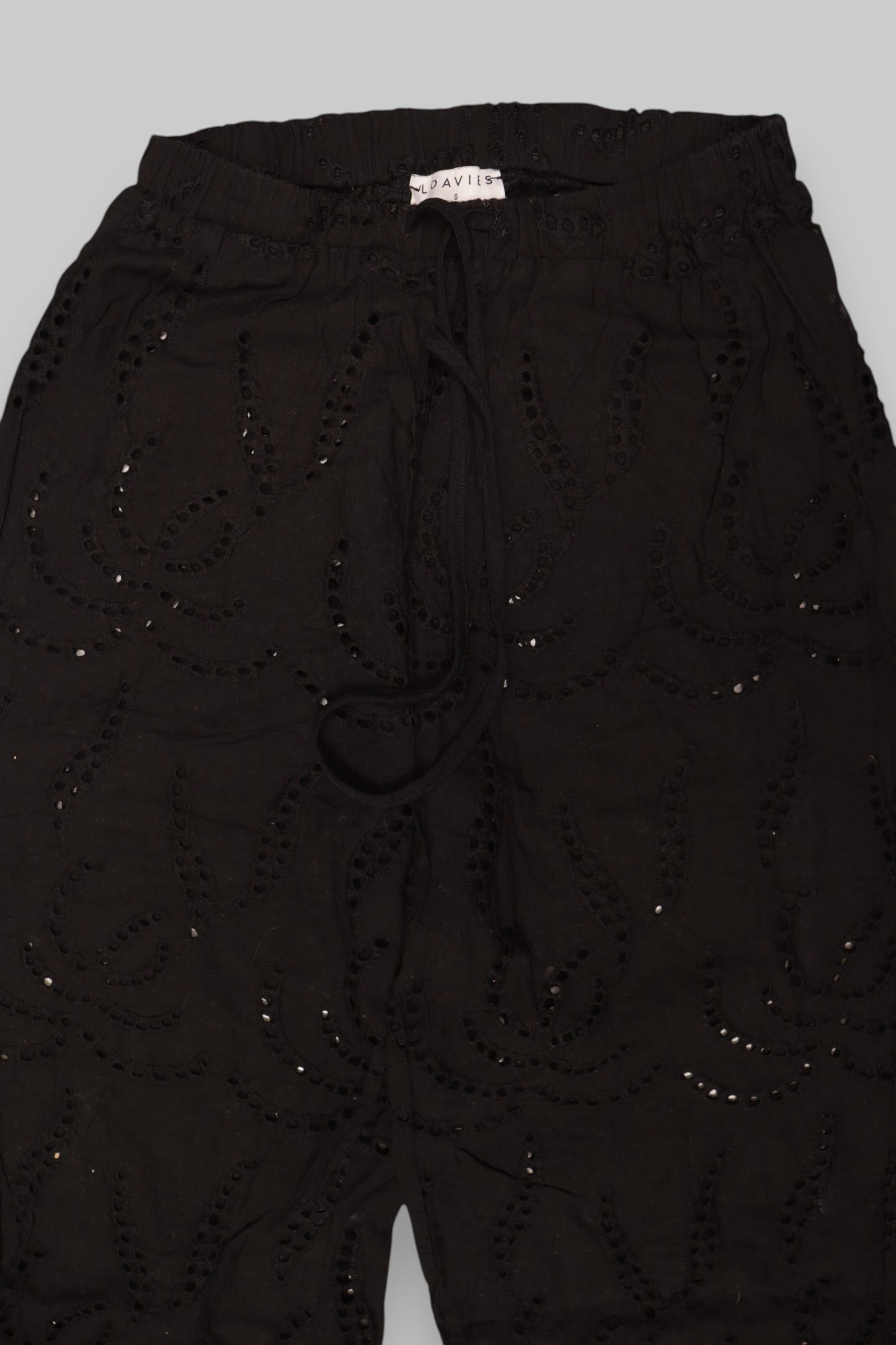 LOAVIES Black Cotton Eyelet Trousers – Wide-Leg Style (Size S)
