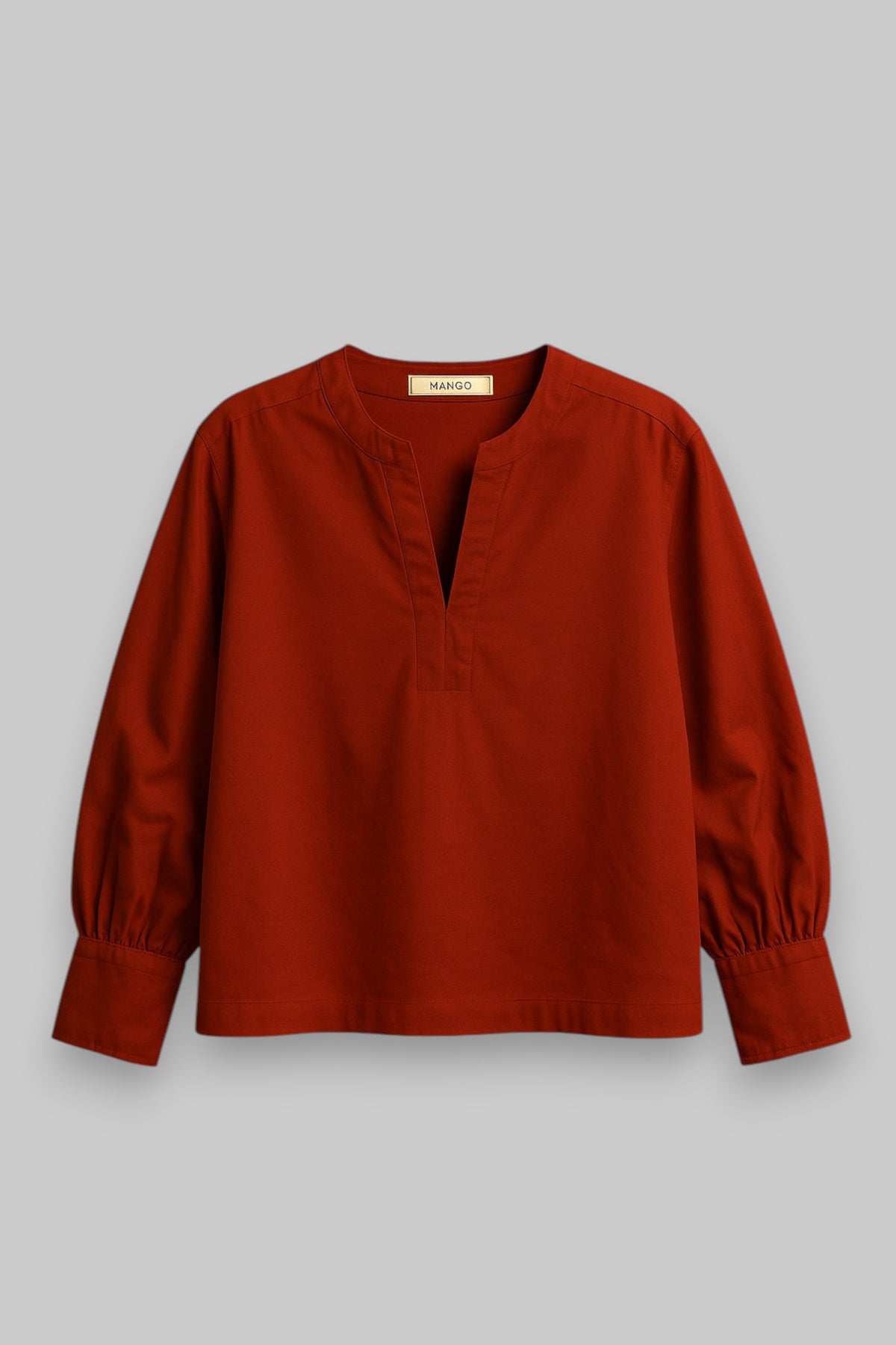 MANGO Deep Rust Red Blouse – Voluminous Sleeves, Pleated Cuffs