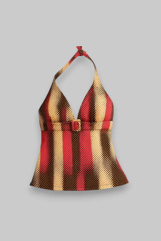 Vintage Stripe Halter Top – Retro Red, Beige & Black