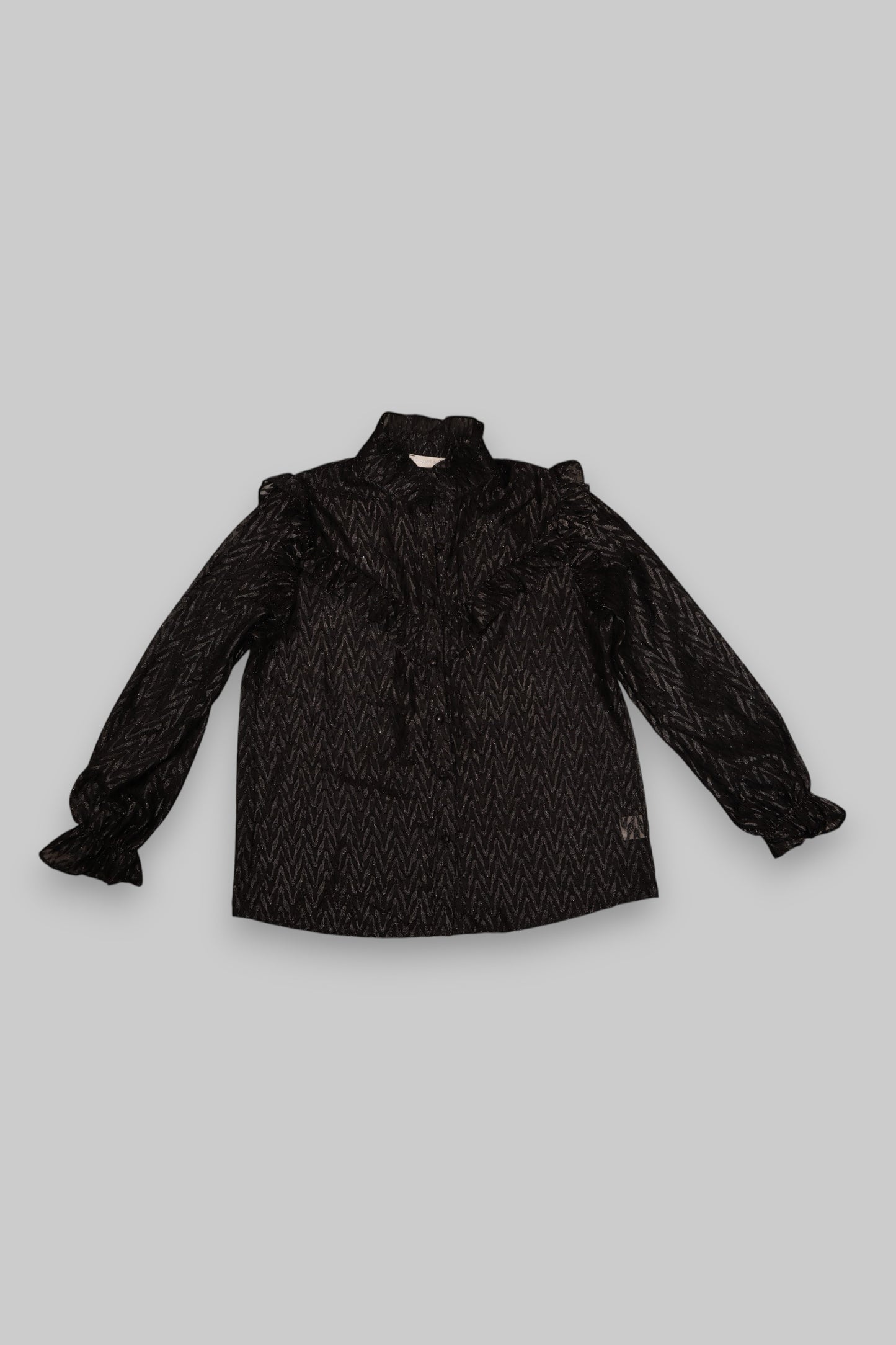 Flamant Rose Black Sheer Ruffled Blouse with Chevron Shimmer
