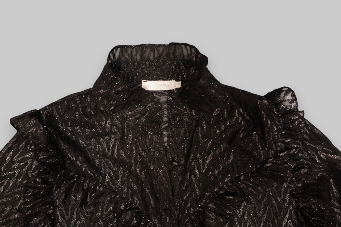 Flamant Rose Black Sheer Ruffled Blouse with Chevron Shimmer