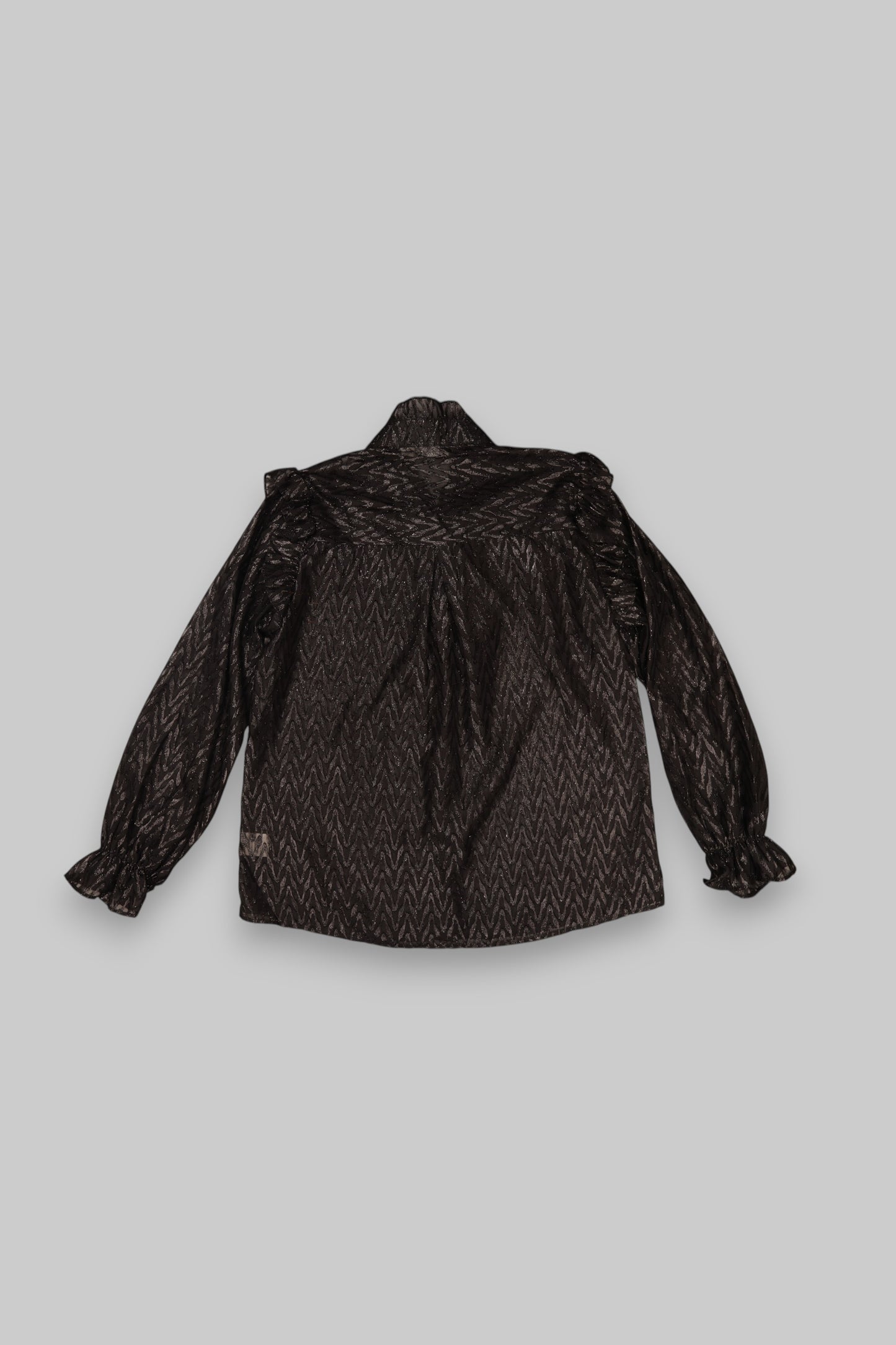 Flamant Rose Black Sheer Ruffled Blouse with Chevron Shimmer