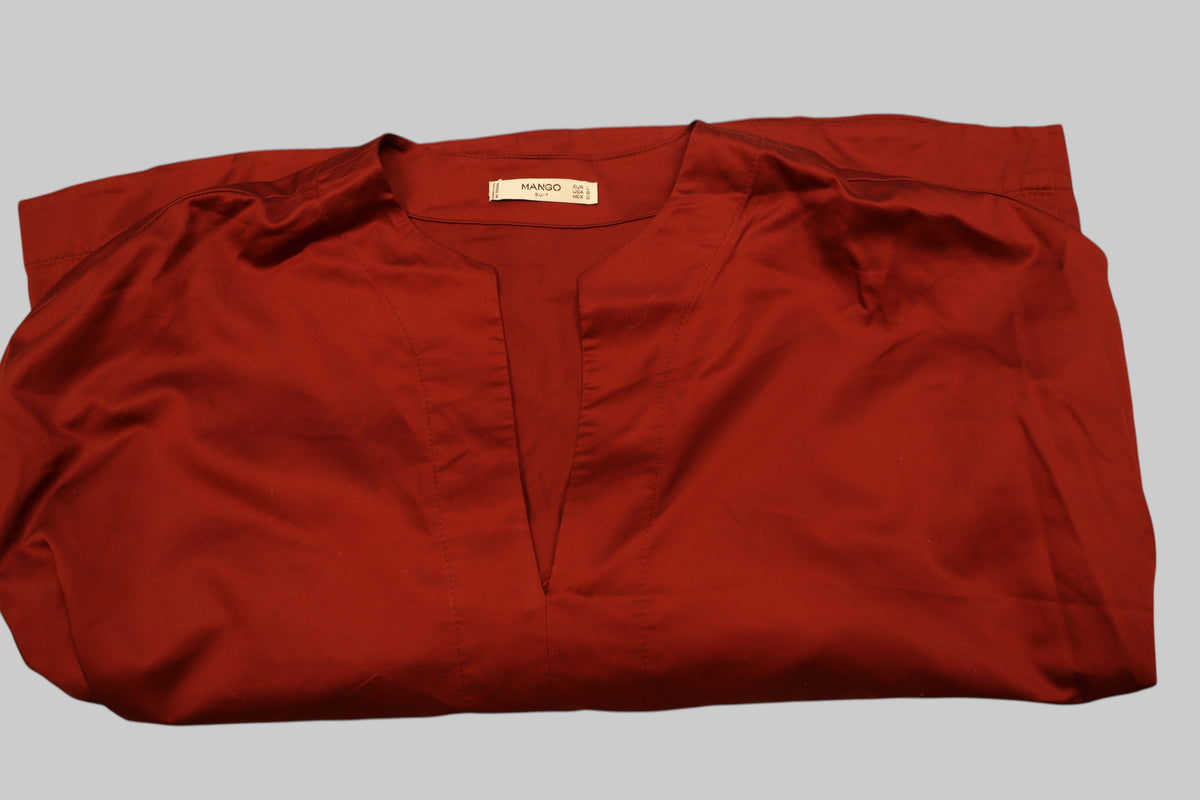 MANGO Deep Rust Red Blouse – Voluminous Sleeves, Pleated Cuffs