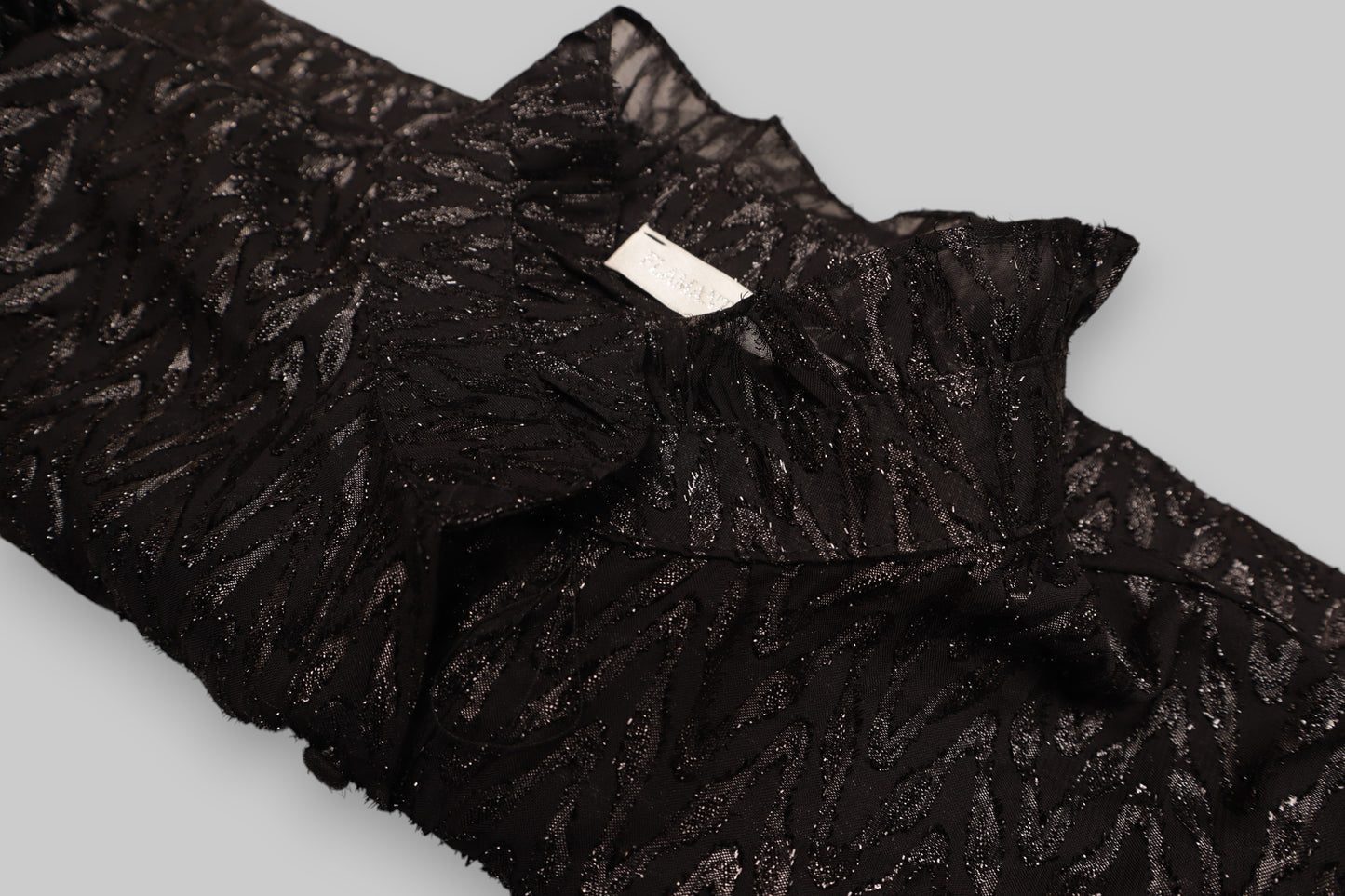 Flamant Rose Black Sheer Ruffled Blouse with Chevron Shimmer