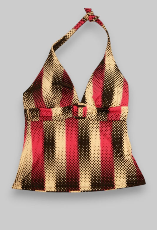 Vintage Stripe Halter Top – Retro Red, Beige & Black