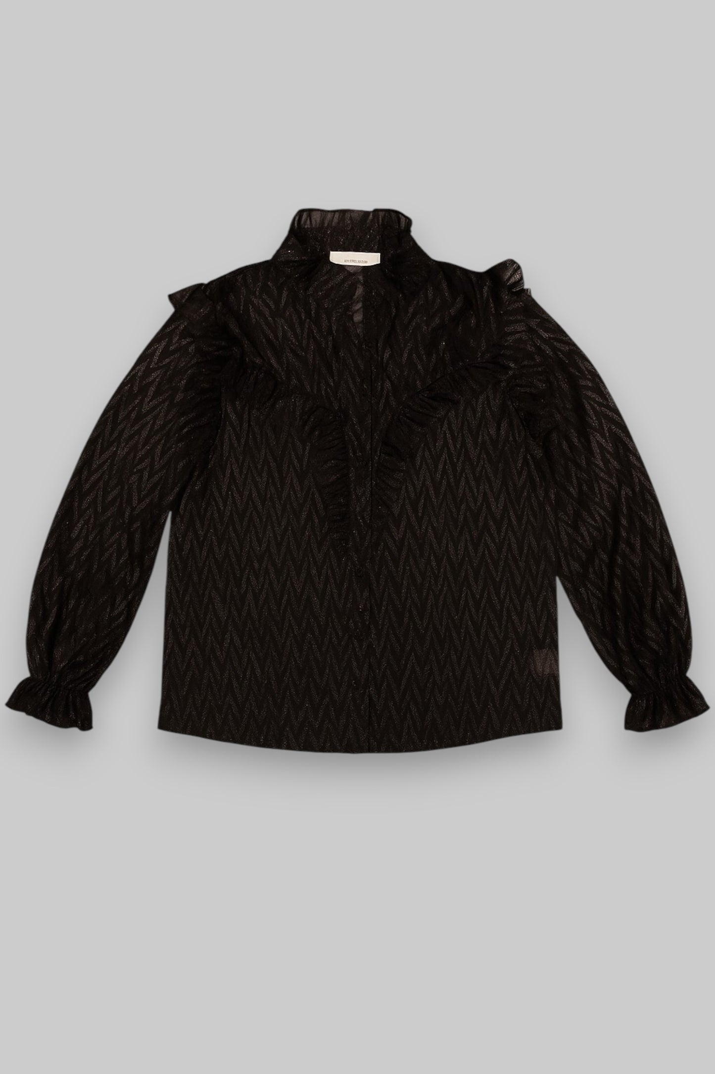 Flamant Rose Black Sheer Ruffled Blouse with Chevron Shimmer
