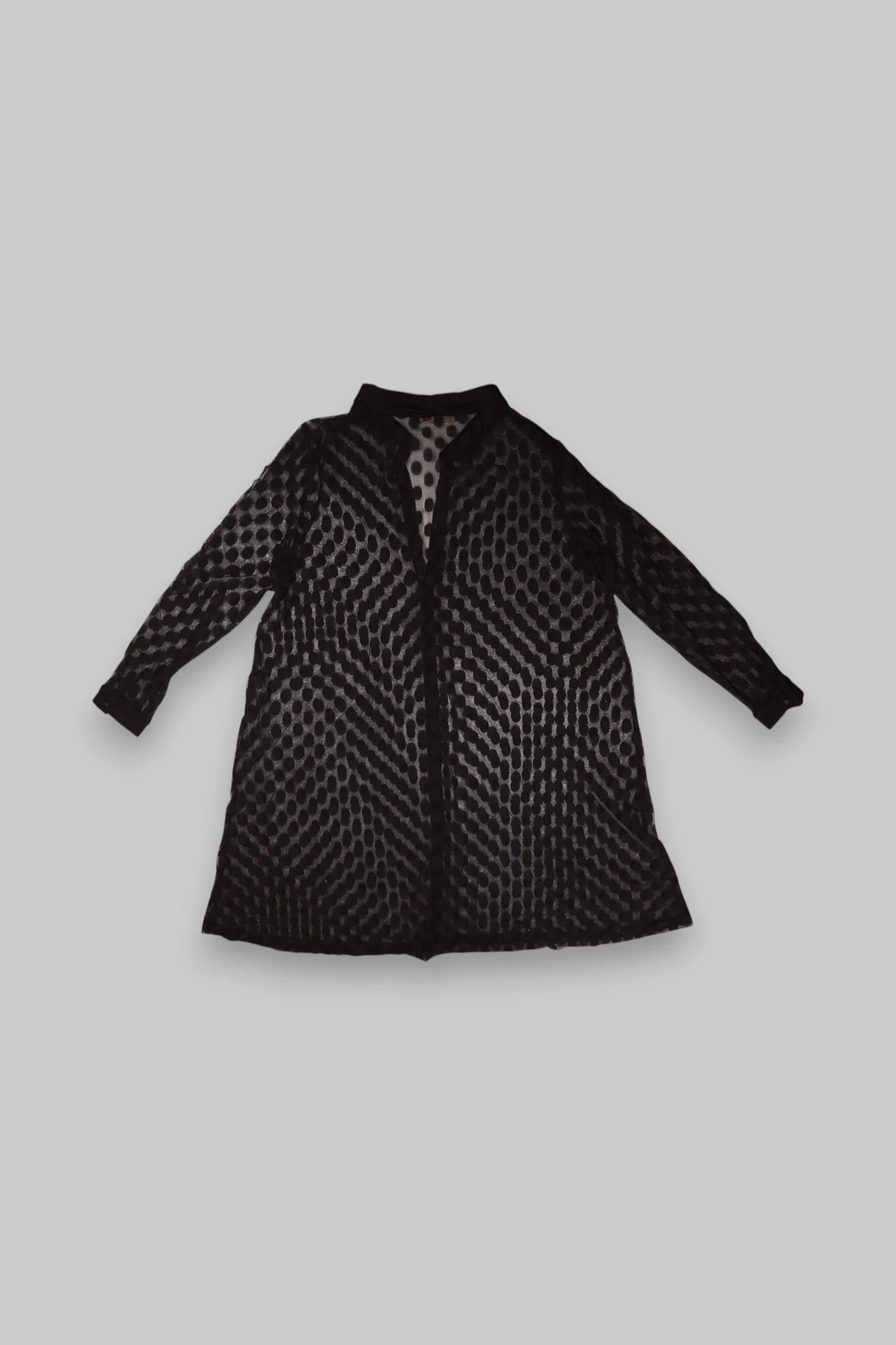 JUNGHWAN JANSEN Sheer Black Mesh Cardigan with Oval Polka Dot Design